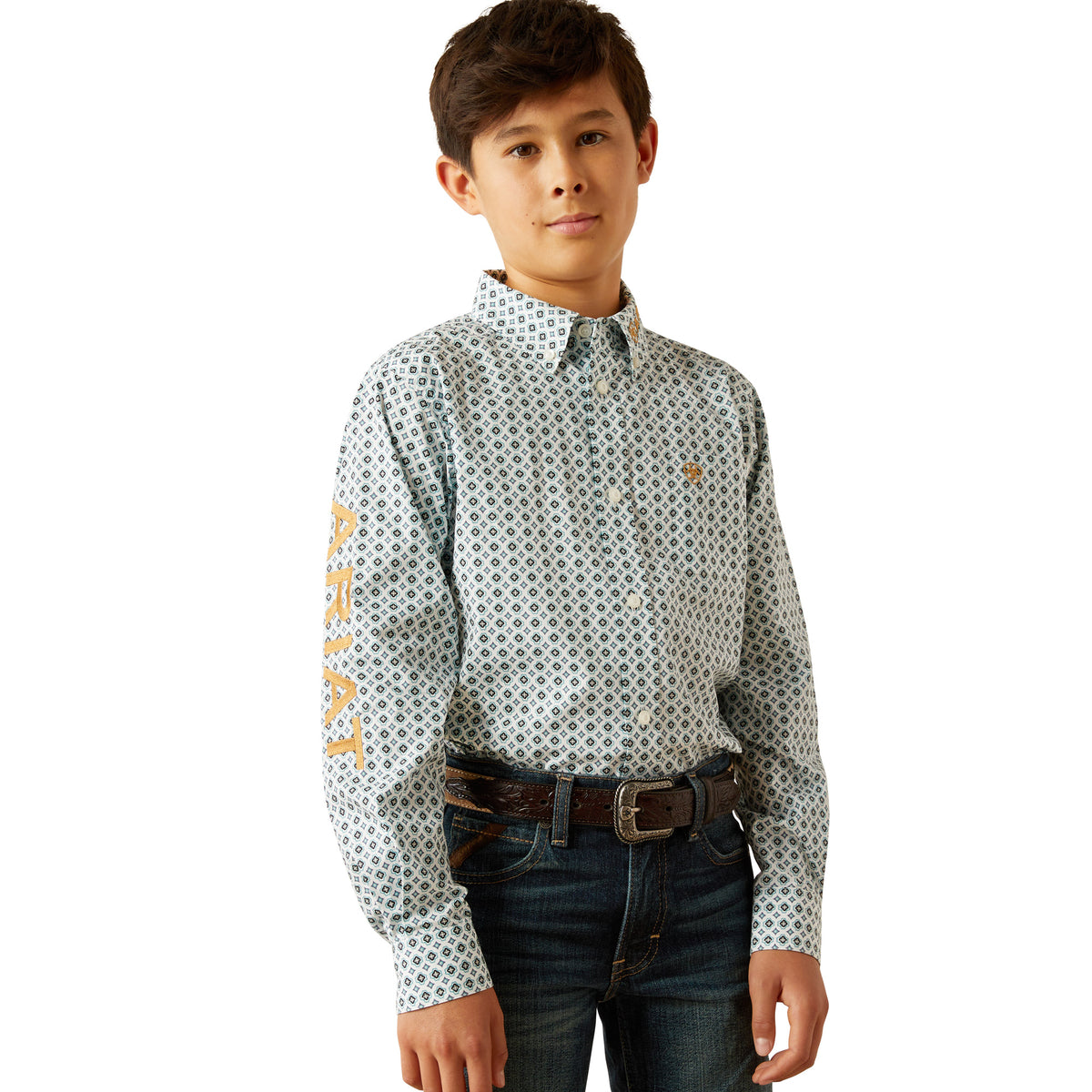 Ariat Boy&#39;s Team Franklin L/S Western Shirt. Young boy wearing a patterned shirt with text on a white background
