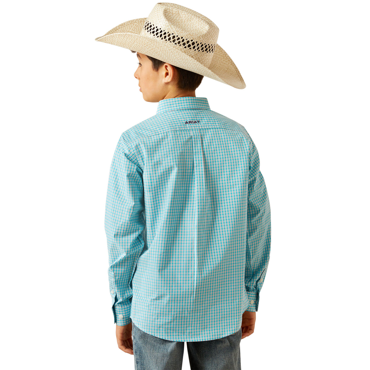 Ariat Boy's Pro Series Wilmer L/S Western Shirt. Child wearing a blue checkered shirt and straw cowboy hat on a white background