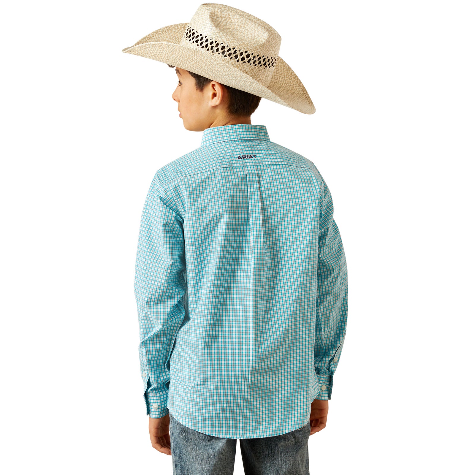 Ariat Boy's Pro Series Wilmer L/S Western Shirt. Child wearing a blue checkered shirt, jeans, and a cowboy hat on a white background