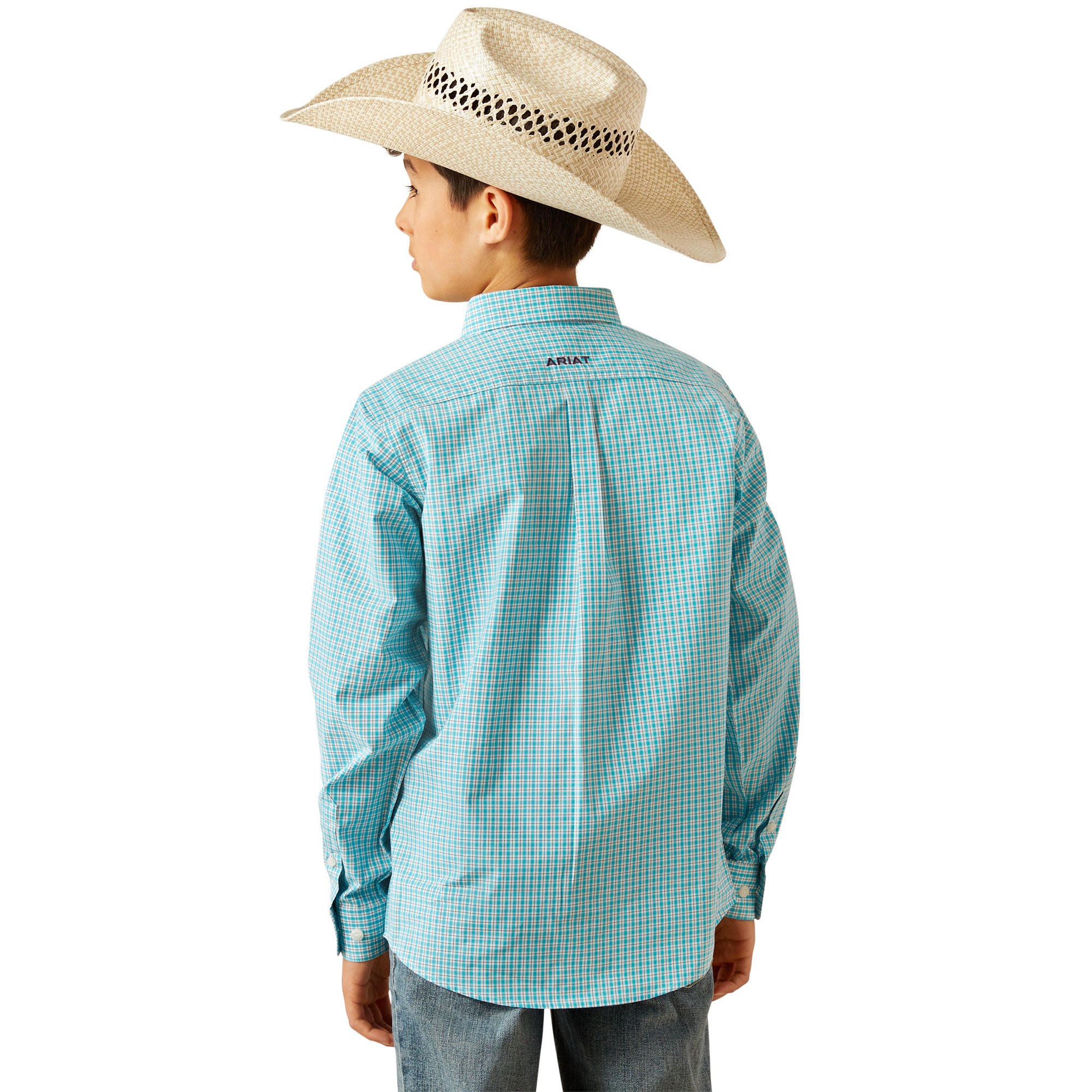 Ariat Boy's Pro Series Wilmer L/S Western Shirt. Child wearing a blue checkered shirt, jeans, and a cowboy hat on a white background