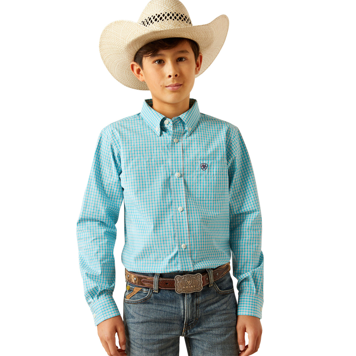 Ariat Boy&#39;s Pro Series Wilmer L/S Western Shirt. Child wearing a blue checkered shirt, jeans, and a cowboy hat on a white background