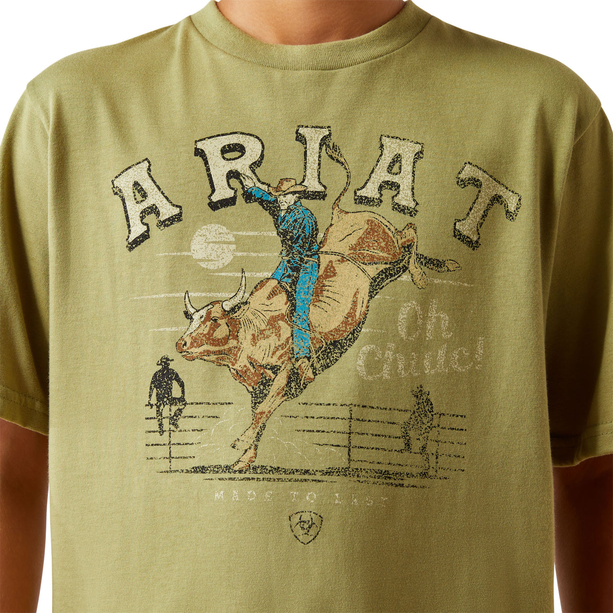 Ariat Boy's Oh Chute T-Shirt. Green t-shirt with Ariat graphic featuring a cowboy on a bull