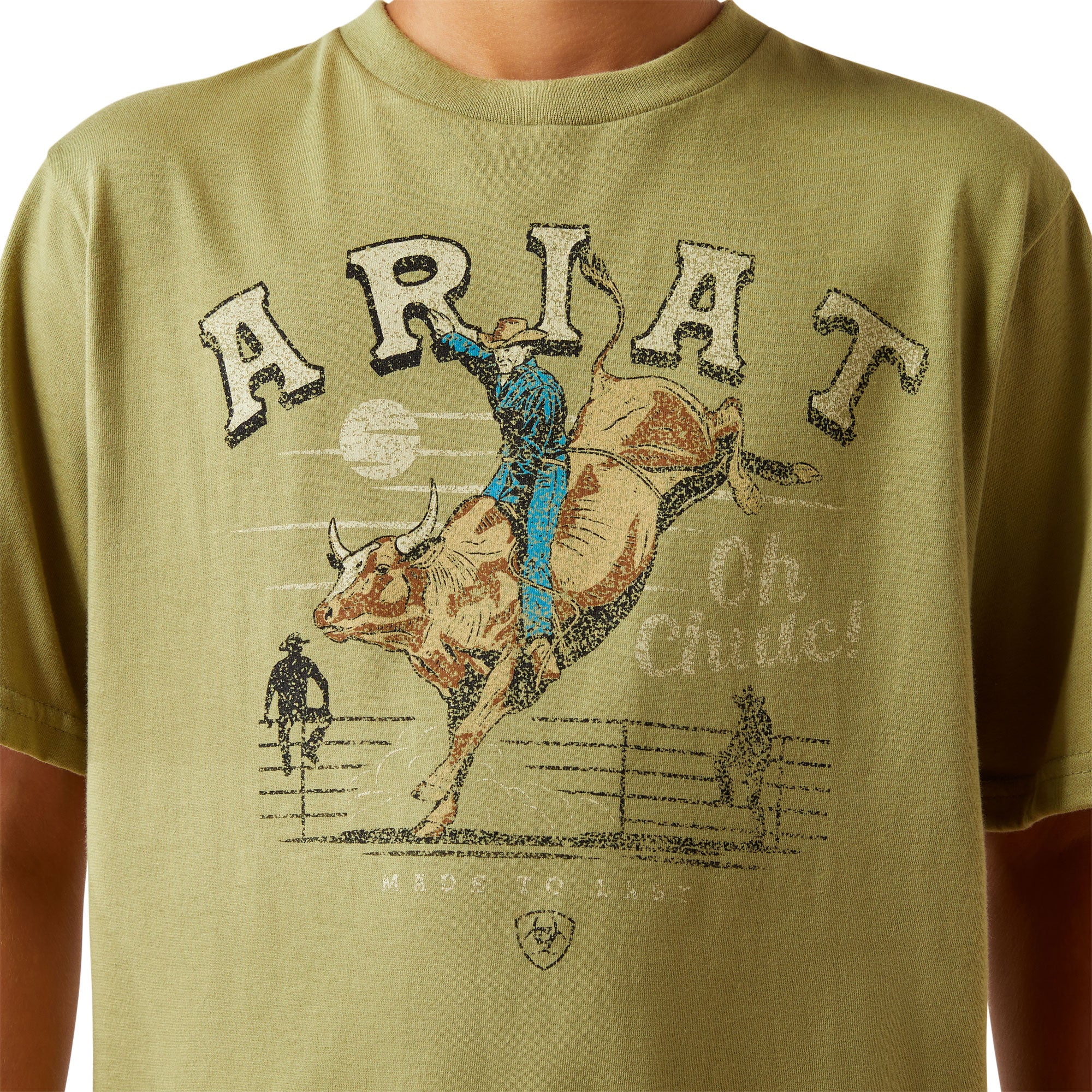 Ariat Boy's Oh Chute T-Shirt. Green t-shirt with Ariat graphic featuring a cowboy on a bull