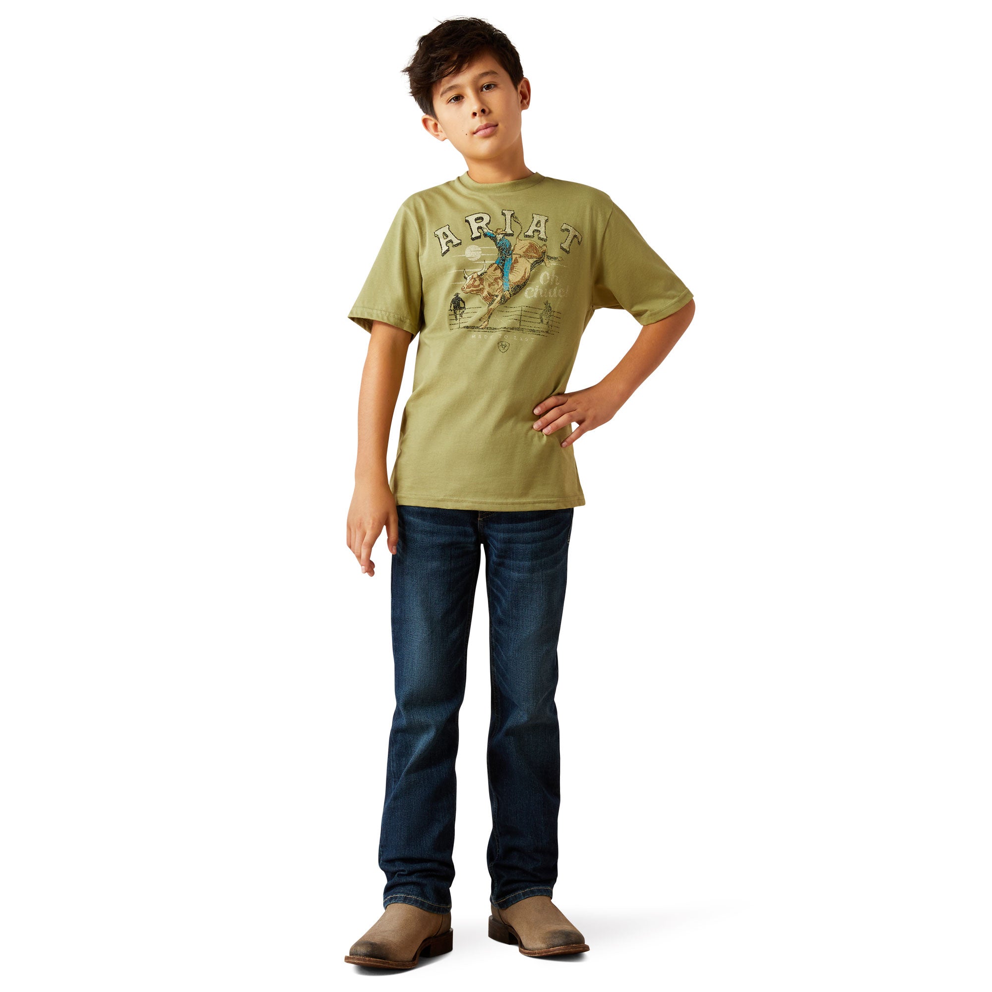 Ariat Boy's Oh Chute T-Shirt. Child wearing a green t-shirt with 'Ariat' branding on a white background