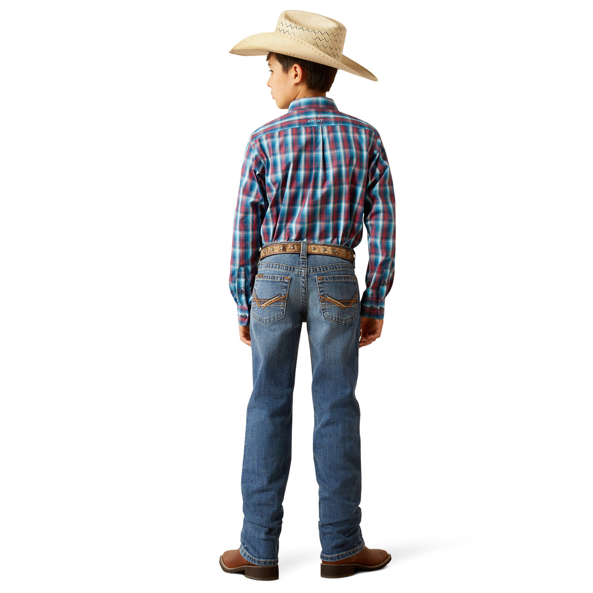 Ariat Boy's B5 Slim Bennet Straight Leg Jean. Person wearing a plaid shirt, jeans, and cowboy hat on a white background