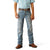 Ariat Boy's B4 Relaxed Jones Boot Cut Jeans. Person wearing light blue jeans and a checkered shirt on a white background