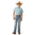 Ariat Boy's B4 Relaxed Jones Boot Cut Jeans. Child wearing a light blue checkered shirt, jeans, and a cowboy hat on a white background