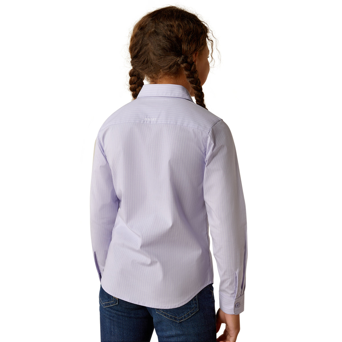 Ariat Girl's Kirby L/S Western Shirt. Person wearing a light purple button-up shirt with long sleeves on a white background