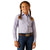 Ariat Girl's Kirby L/S Western Shirt. Young girl wearing a light purple dress shirt and blue jeans on a white background