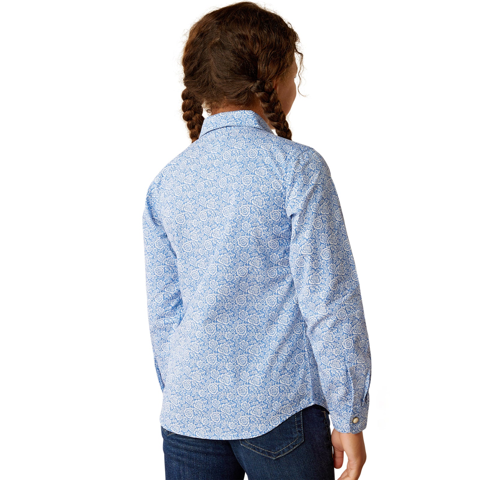Ariat Girl's Shannon L/S Snap Western Shirt. Person wearing a blue patterned shirt on a white background