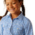 Ariat Girl's Shannon L/S Snap Western Shirt. Young girl wearing a blue patterned shirt and jeans on a white background