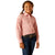 Ariat Girl's Team Kirby L/S Western Shirt. Young girl wearing a pink striped shirt with 'Ariat' branding on a white background