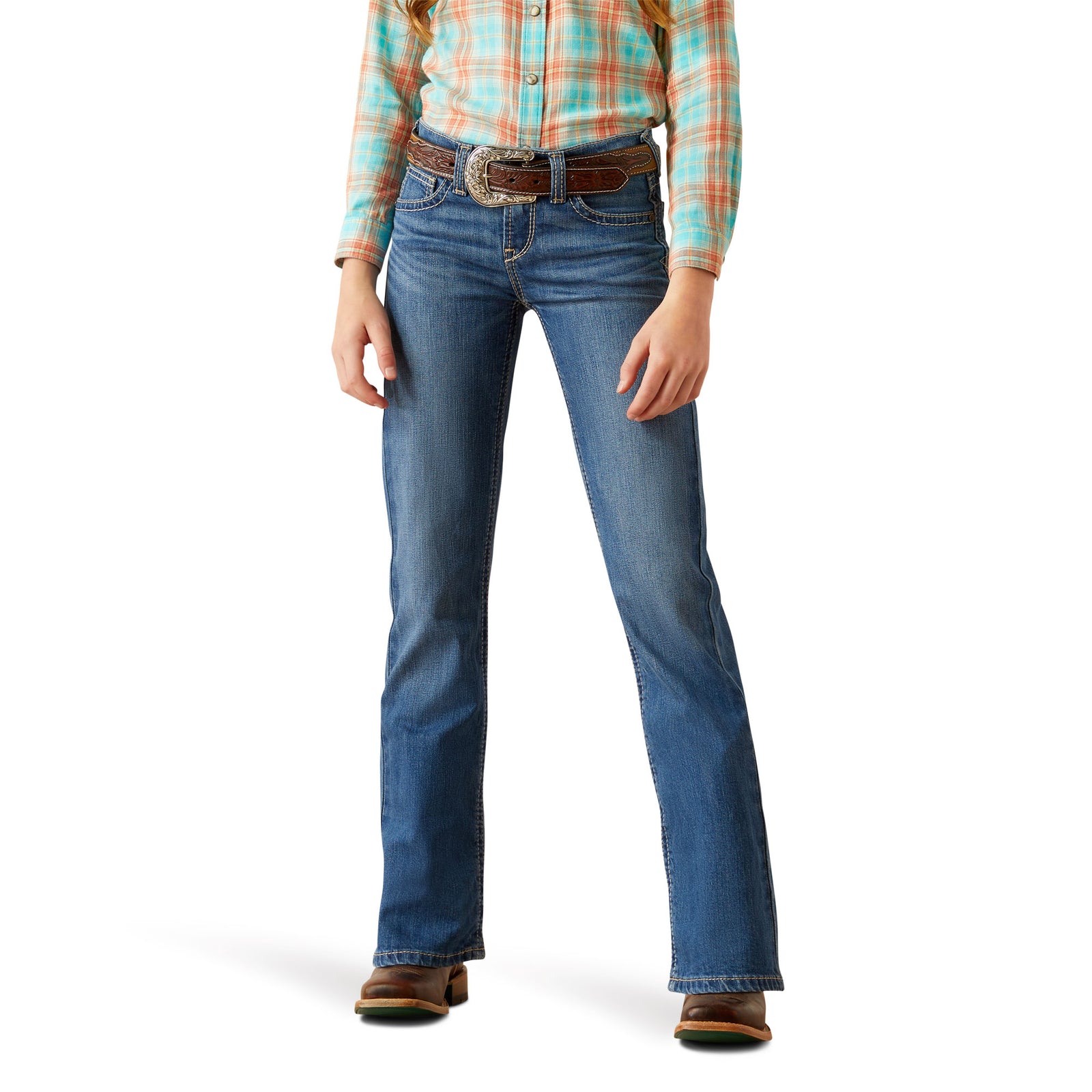 Ariat Girl's Lilla Boot Cut Jeans. Person wearing blue jeans and a plaid shirt on a white background