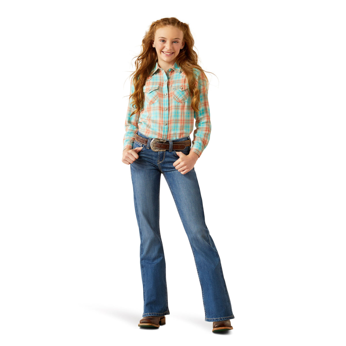 Ariat Girl's Lilla Boot Cut Jeans. Girl wearing a plaid shirt and blue jeans on a white background