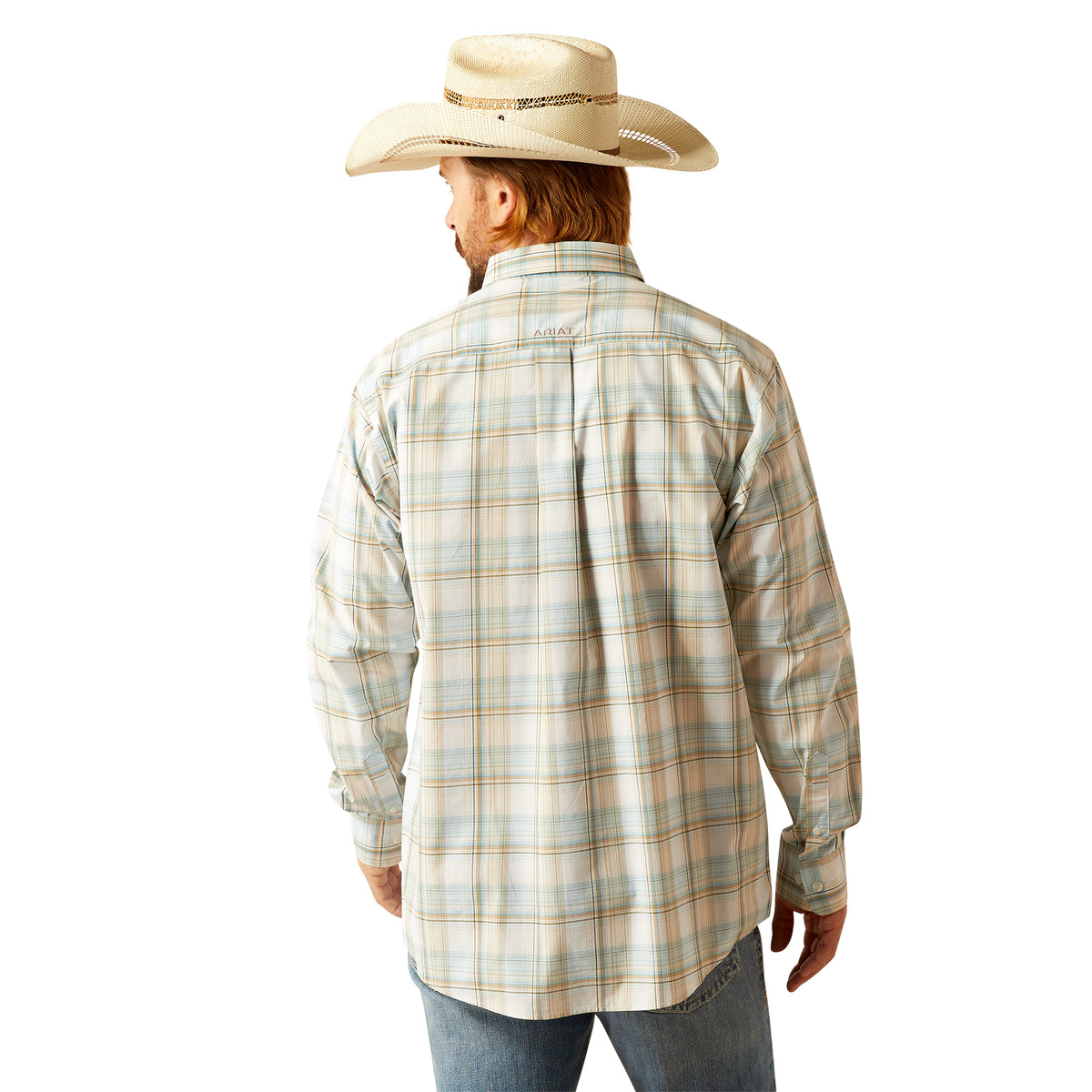Ariat Men's Pro Series Georgie L/S Western Shirt. Person wearing a plaid shirt and cowboy hat on a white background