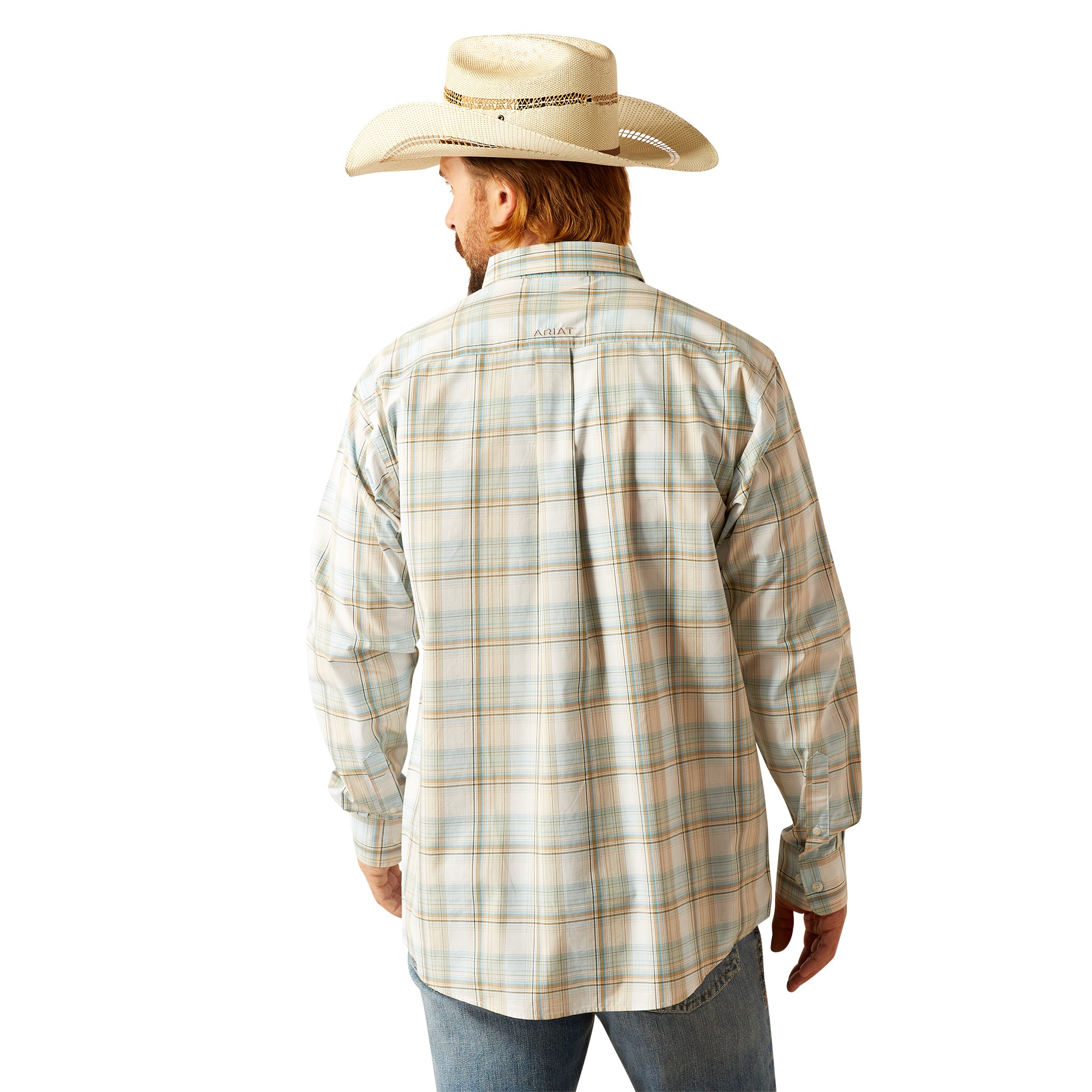 Ariat Men's Pro Series Georgie L/S Western Shirt. Man wearing a plaid shirt, jeans, and a cowboy hat on a white background