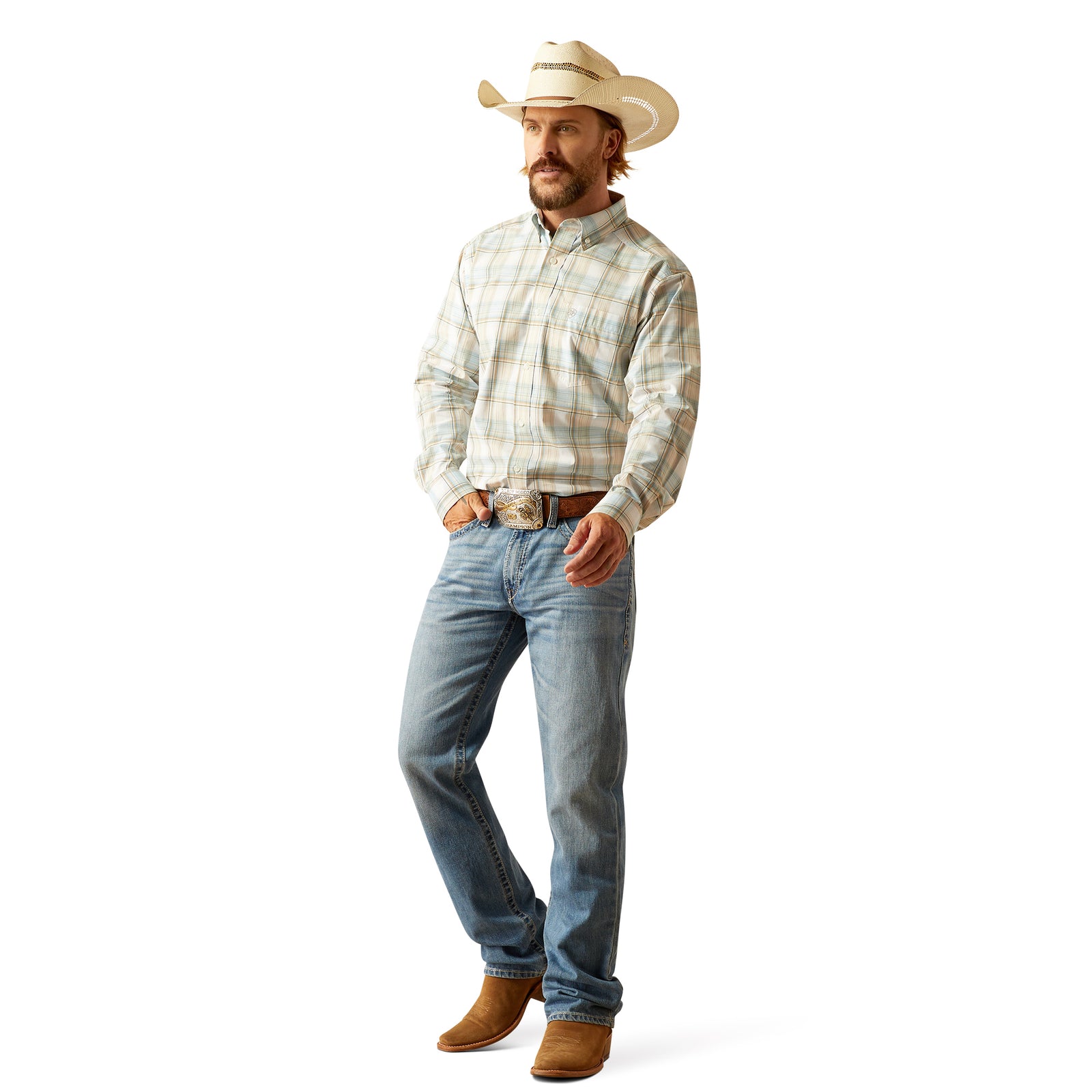 Ariat Men's Pro Series Georgie L/S Western Shirt. Man wearing a plaid shirt, jeans, and cowboy hat on a white background