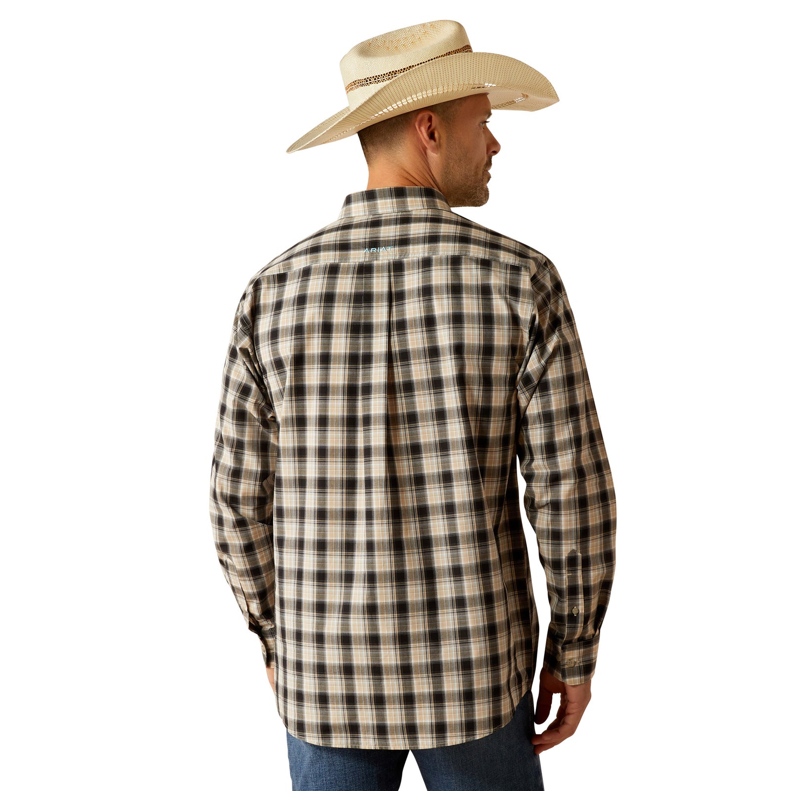 Ariat Men's Pro Series Garrett L/S Western Shirt. Man wearing a plaid shirt, jeans, and a cowboy hat on a white background