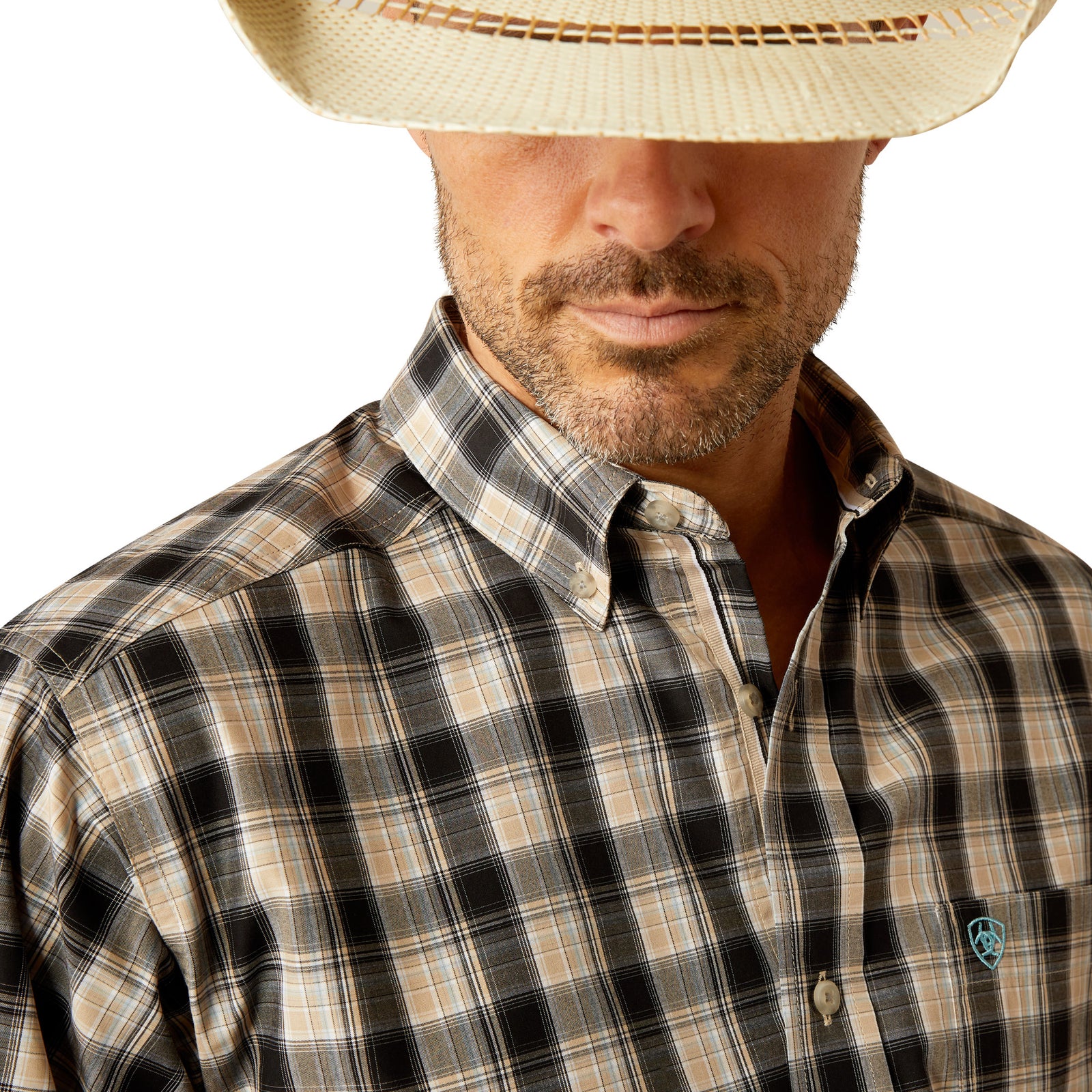 Ariat Men's Pro Series Garrett L/S Western Shirt. Man wearing a plaid shirt and straw hat on a white background