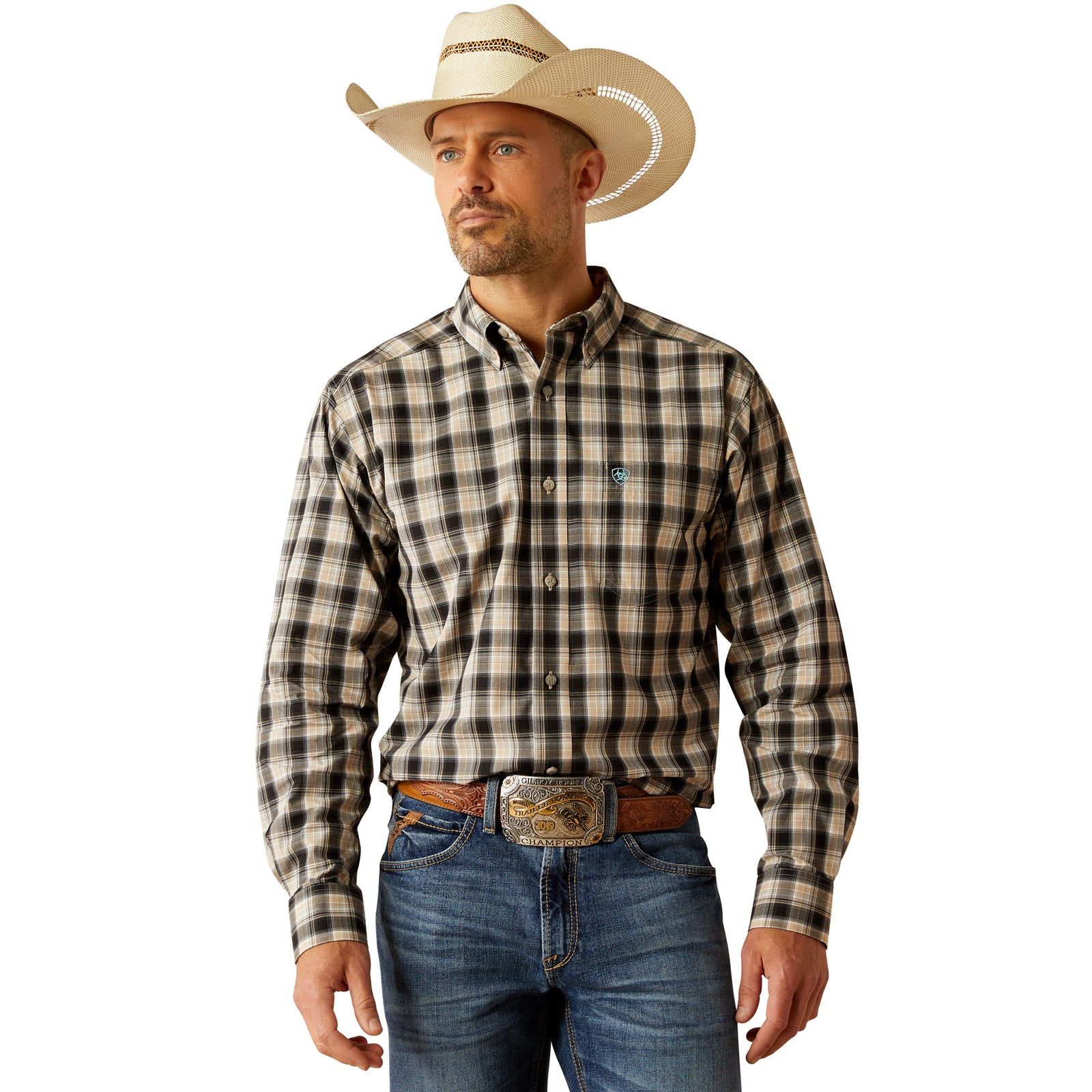 Ariat Men's Pro Series Garrett L/S Western Shirt. Man wearing a plaid shirt, jeans, and a cowboy hat on a white background
