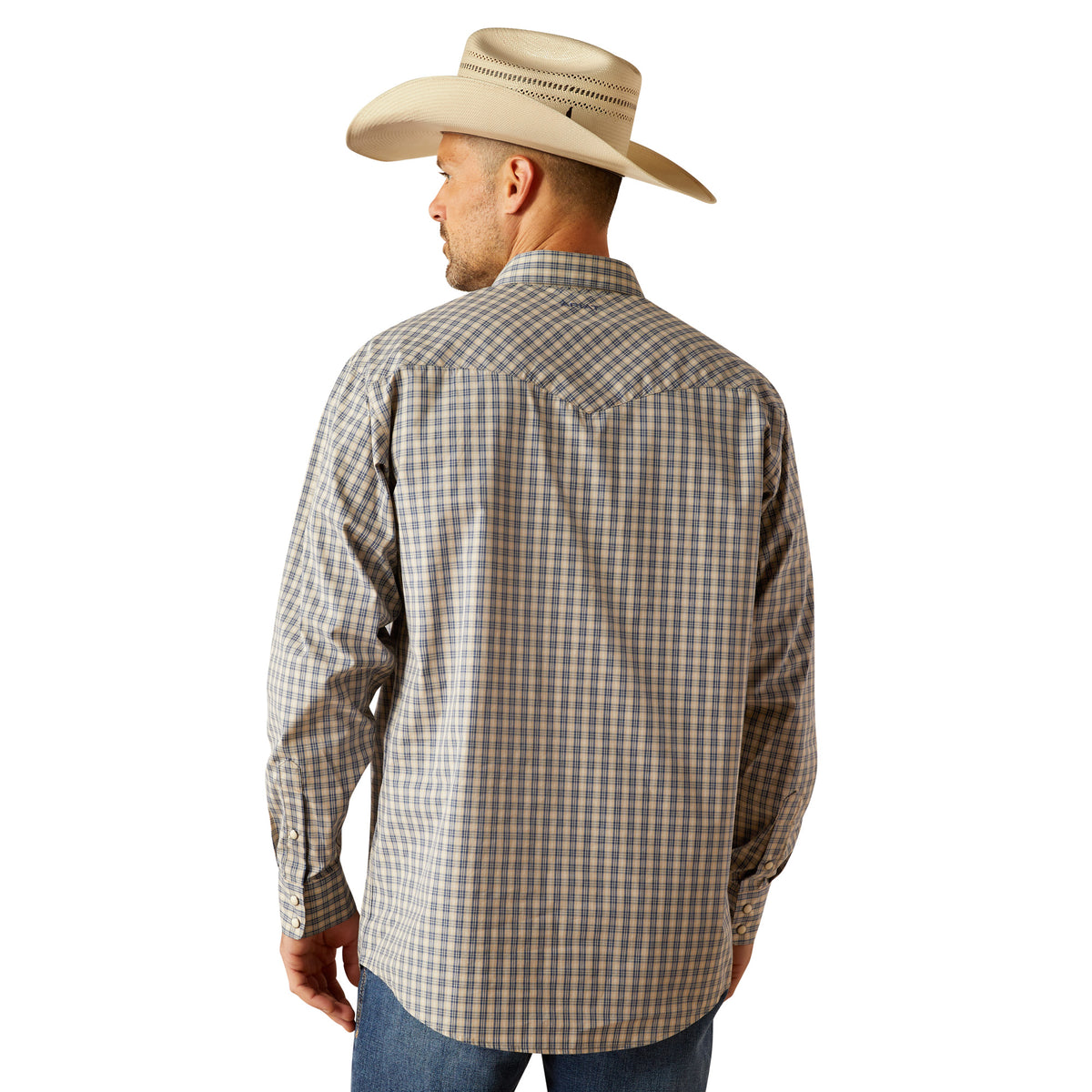 Ariat Men's Pro Series Fairbanks L/S Western Shirt. Man wearing a plaid shirt and cowboy hat on a white background