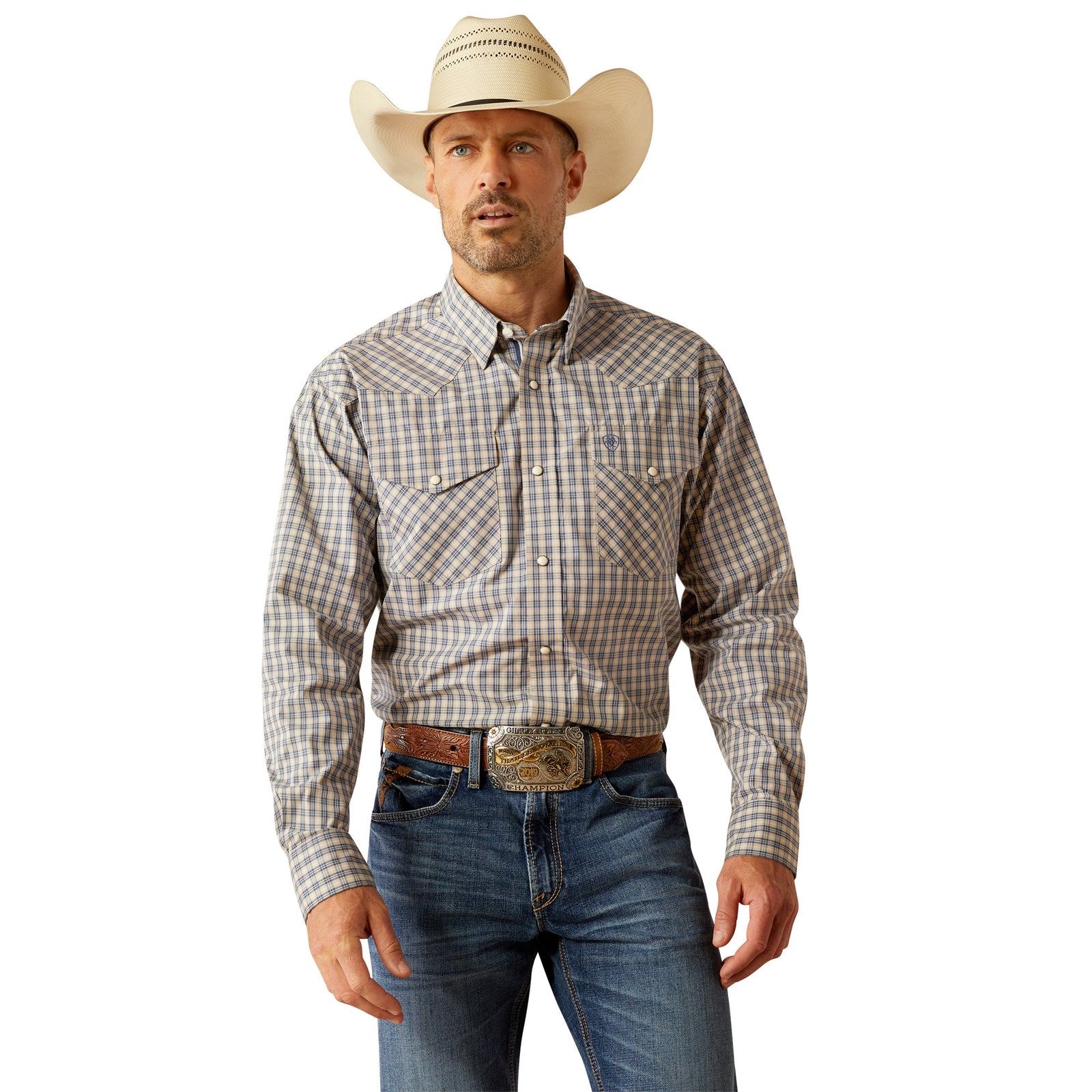 Ariat Men's Pro Series Fairbanks L/S Western Shirt. Man wearing a plaid shirt, jeans, and a cowboy hat on a white background