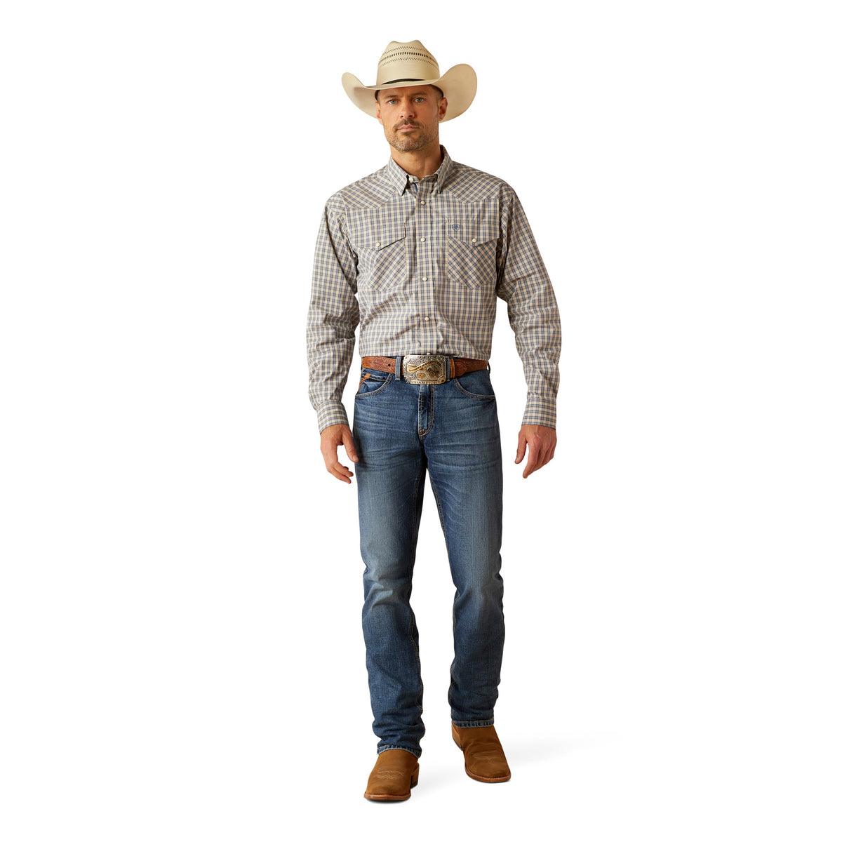 Ariat Men's Pro Series Fairbanks L/S Western Shirt. Man wearing a checkered shirt, jeans, and cowboy hat on a white background