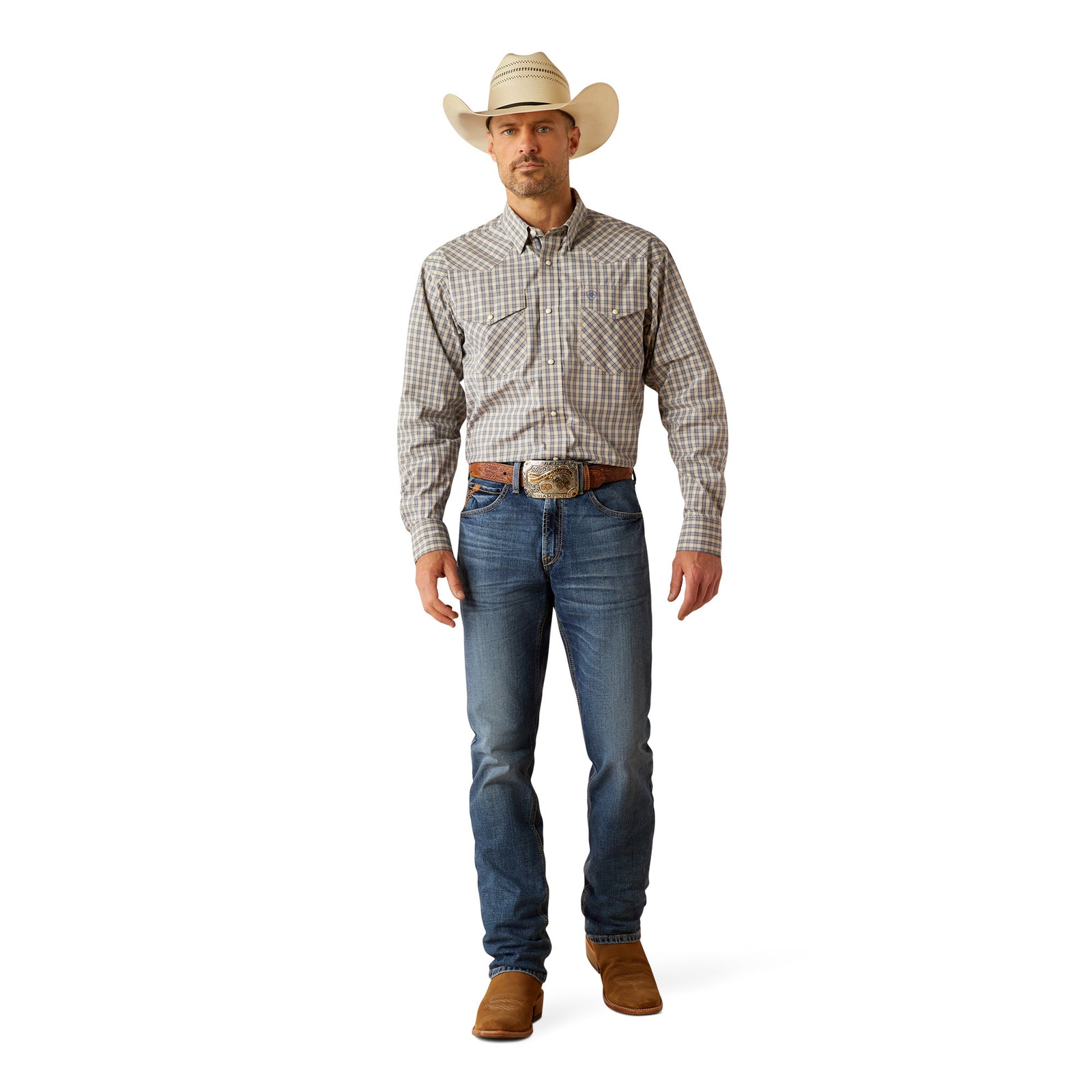 Ariat Men's Pro Series Fairbanks L/S Western Shirt. Man wearing a checkered shirt, jeans, and cowboy hat on a white background