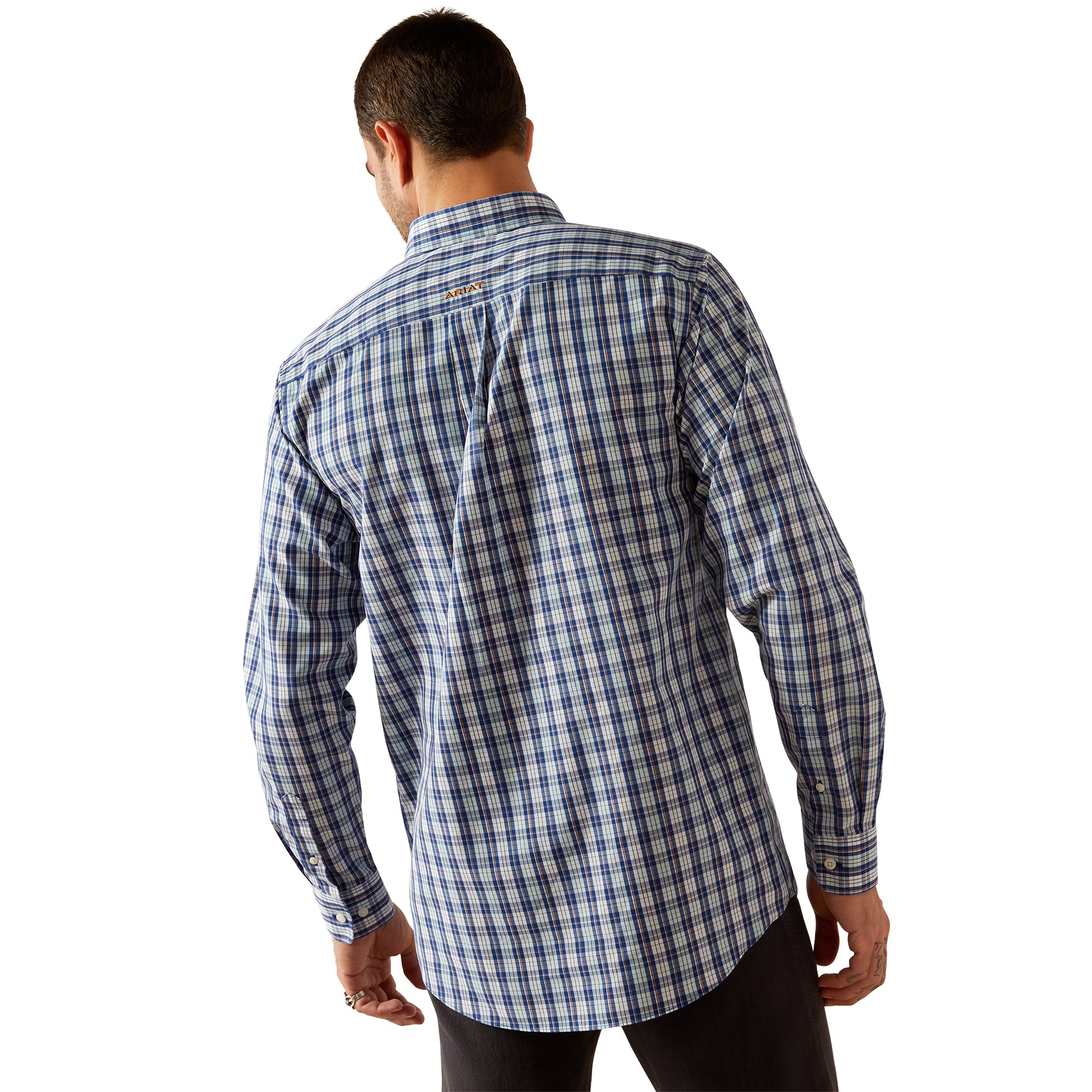 Ariat Men's Wrinkle Free Bronson Fitted L/S Western Shirt. Man wearing a blue and white checkered shirt on a white background