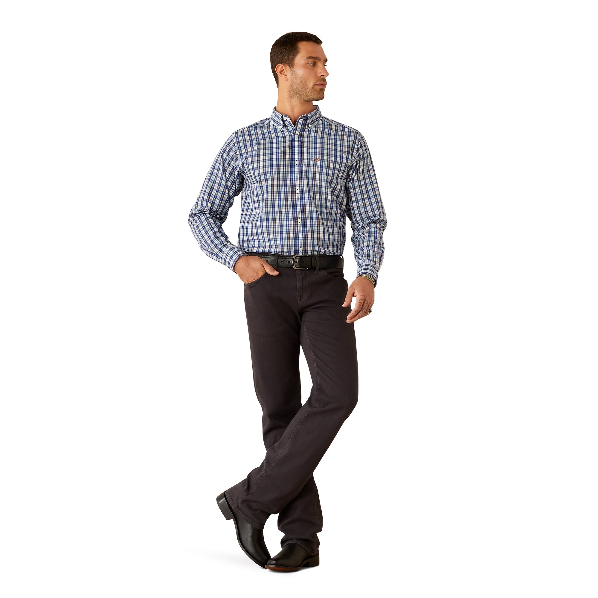Ariat Men's Wrinkle Free Bronson Fitted L/S Western Shirt. Man wearing a blue checkered shirt and black pants on a white background