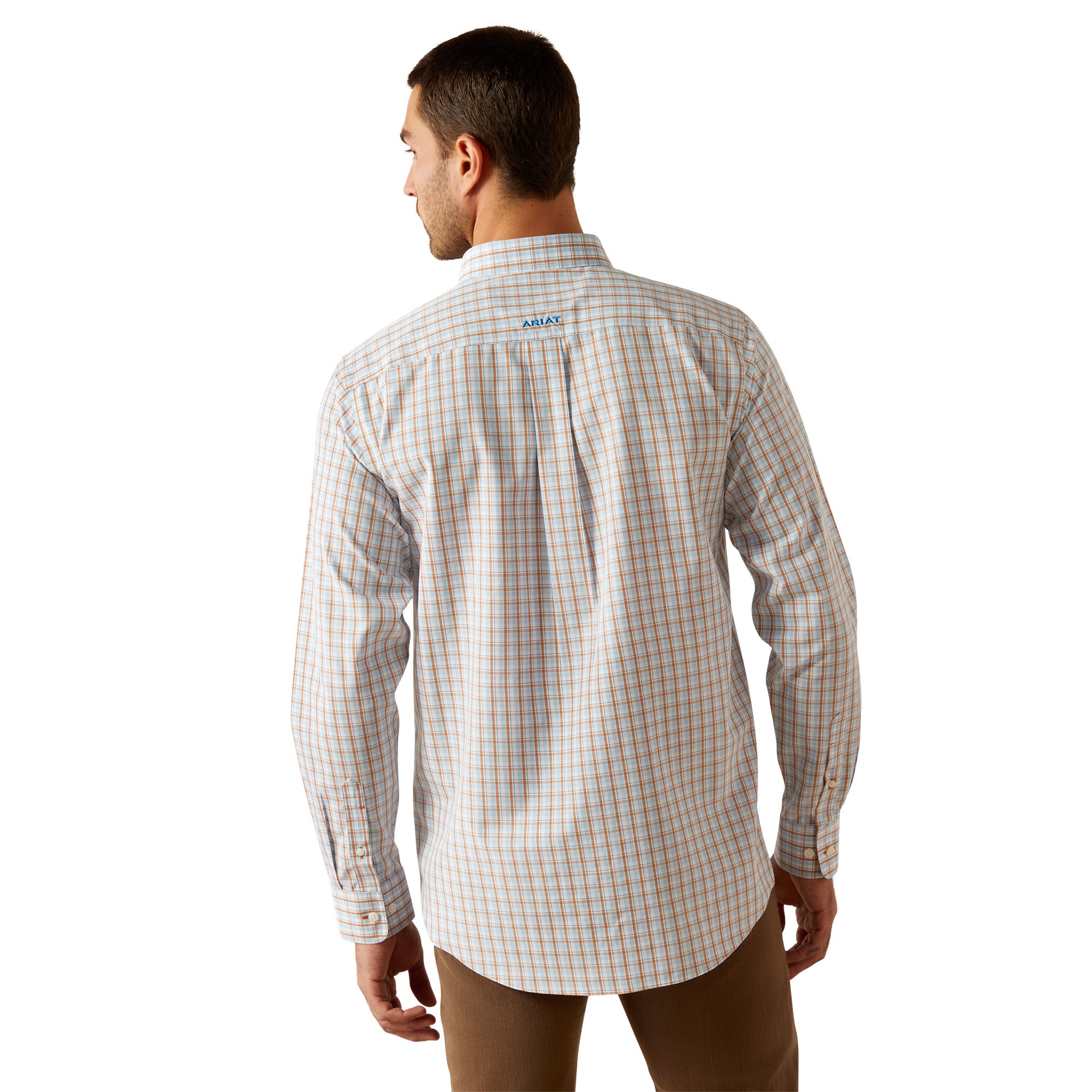 Ariat Men's Wrinkle Free Brendan Fitted L/S Western Shirt. Man wearing a checkered shirt, brown pants, and a cowboy hat on a white background