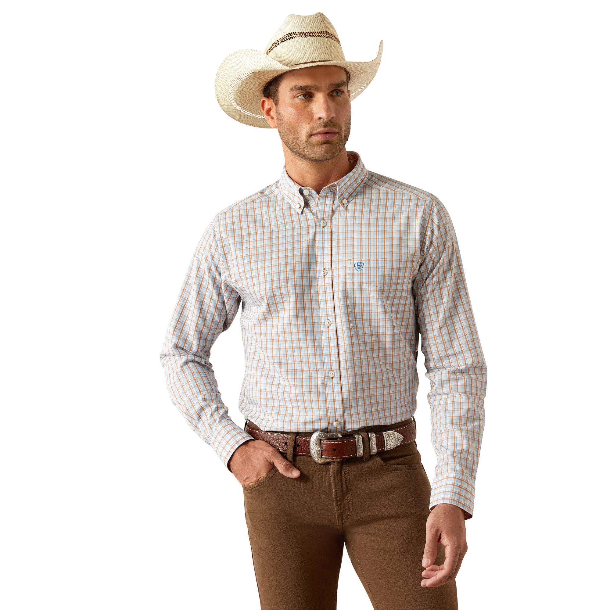 Ariat Men's Wrinkle Free Brendan Fitted L/S Western Shirt. Man wearing a checkered shirt, brown pants, and a cowboy hat on a white background