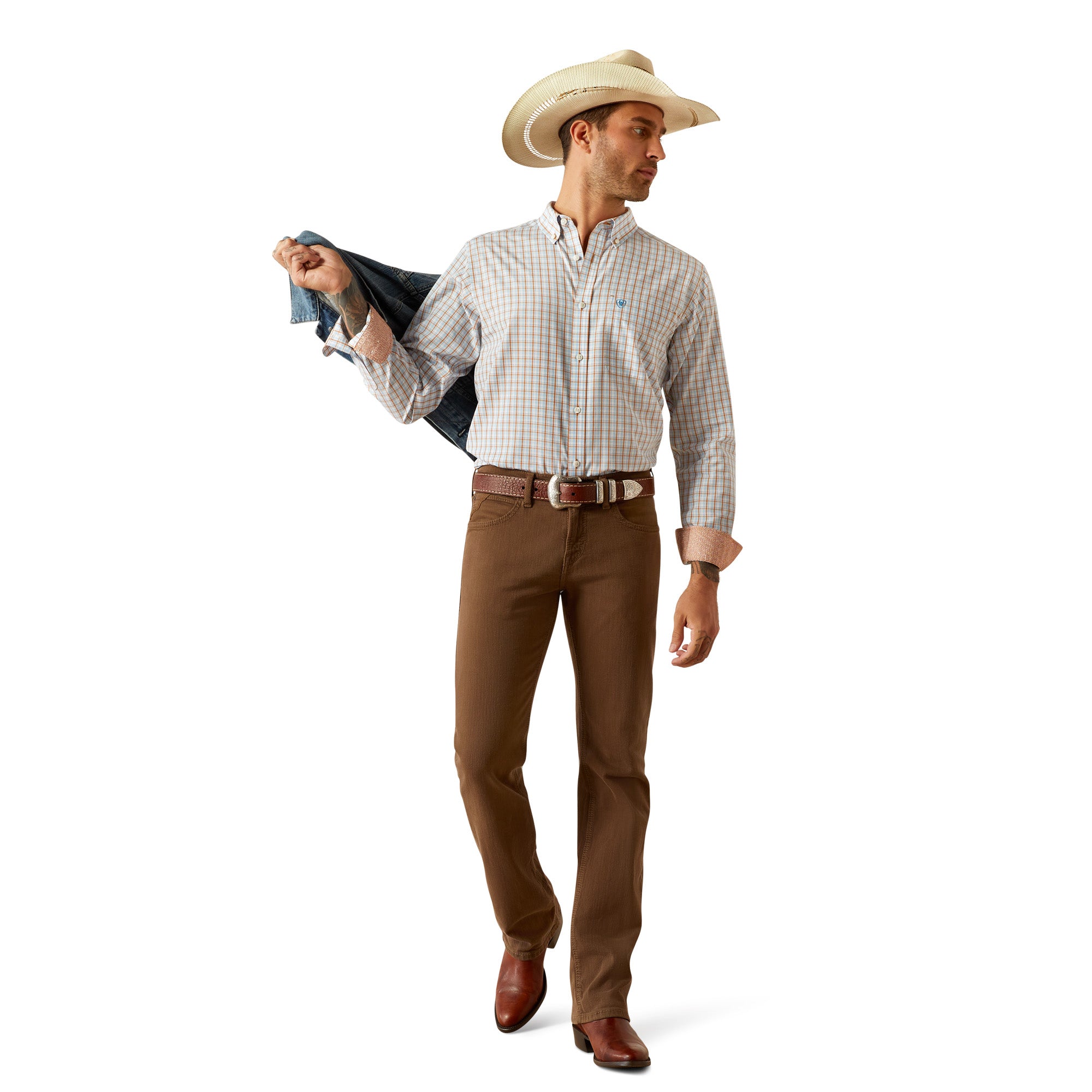Ariat Men's Wrinkle Free Brendan Fitted L/S Western Shirt. Man wearing a cowboy hat, checkered shirt, brown pants, and boots on a white background