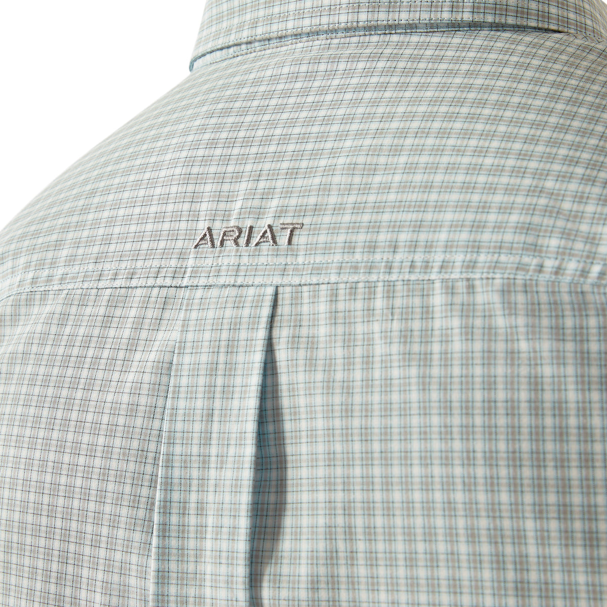 Ariat Men's Pro Series Glennie Classic Fit S/S Western Shirt. Close-up of a checkered shirt with 'Ariat' logo on a white background