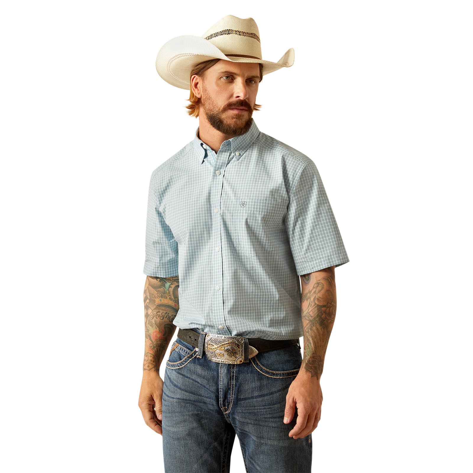 Ariat Men's Pro Series Glennie Classic Fit S/S Western Shirt. Man wearing a light blue checkered shirt, jeans, and a cowboy hat on a white background