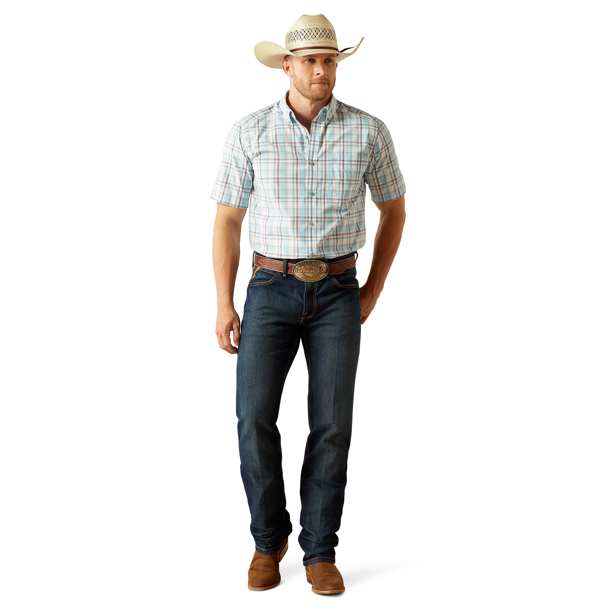 Ariat Men's Pro Series Geoffery Classic Fit S/S Western Shirt. Man wearing a plaid shirt, jeans, cowboy hat, and brown boots on a white background
