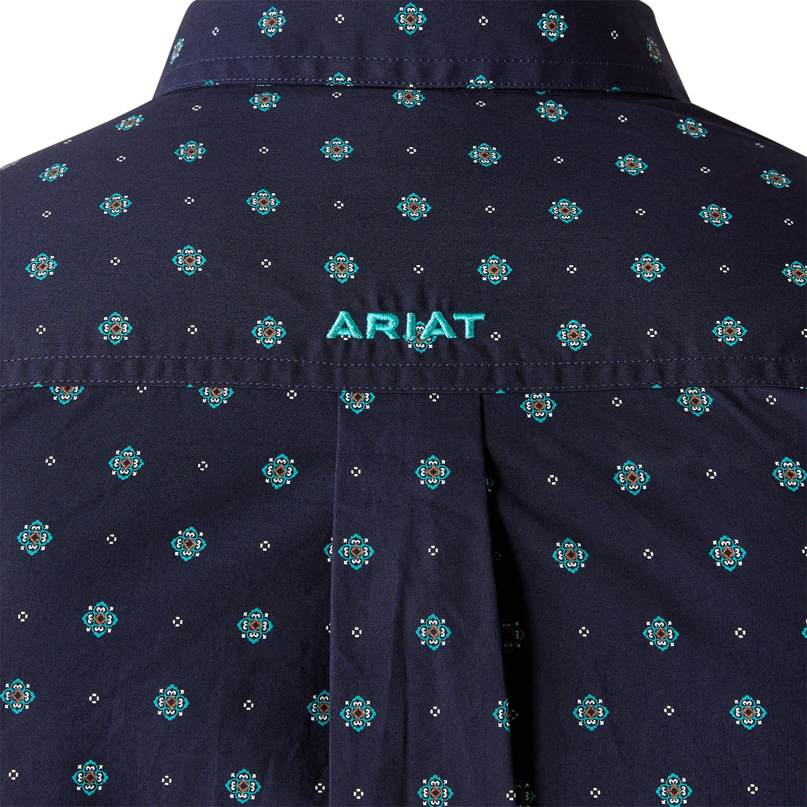 Ariat Men's Jacobi Classic Fit L/S Western Shirt. Navy shirt with teal floral pattern and 'Ariat' branding on a white background