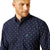 Ariat Men's Jacobi Classic Fit L/S Western Shirt. Man wearing a navy blue shirt with a subtle pattern on a white background