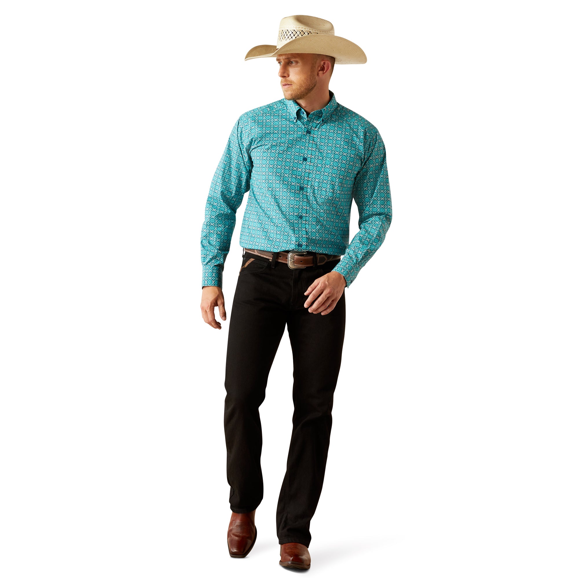 Ariat Men's Jordy Classic Fit L/S Western Shirt. Man wearing a turquoise checkered shirt, black pants, and a cowboy hat on a white background