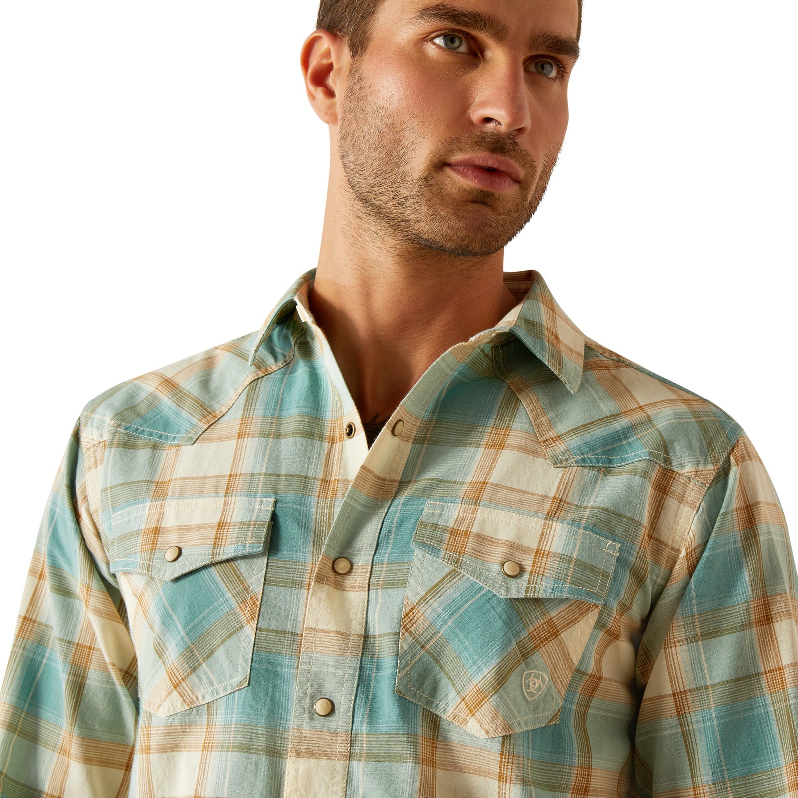 Ariat Men's Hardin Retro Fit L/S Western Shirt. Man wearing a plaid shirt on a white background