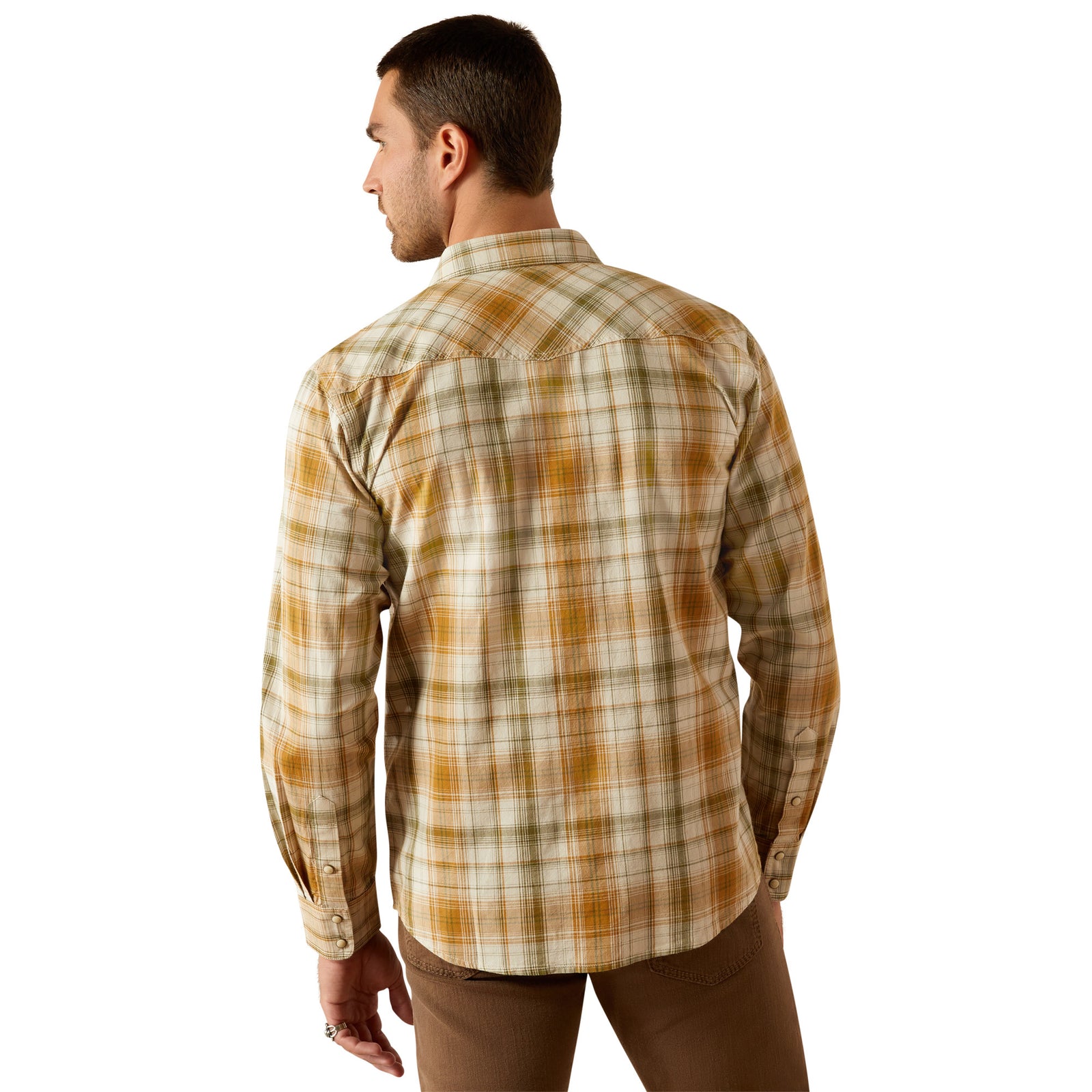Ariat Men's Halston Retro Fit L/S Western Shirt. Man wearing a plaid shirt on a white background