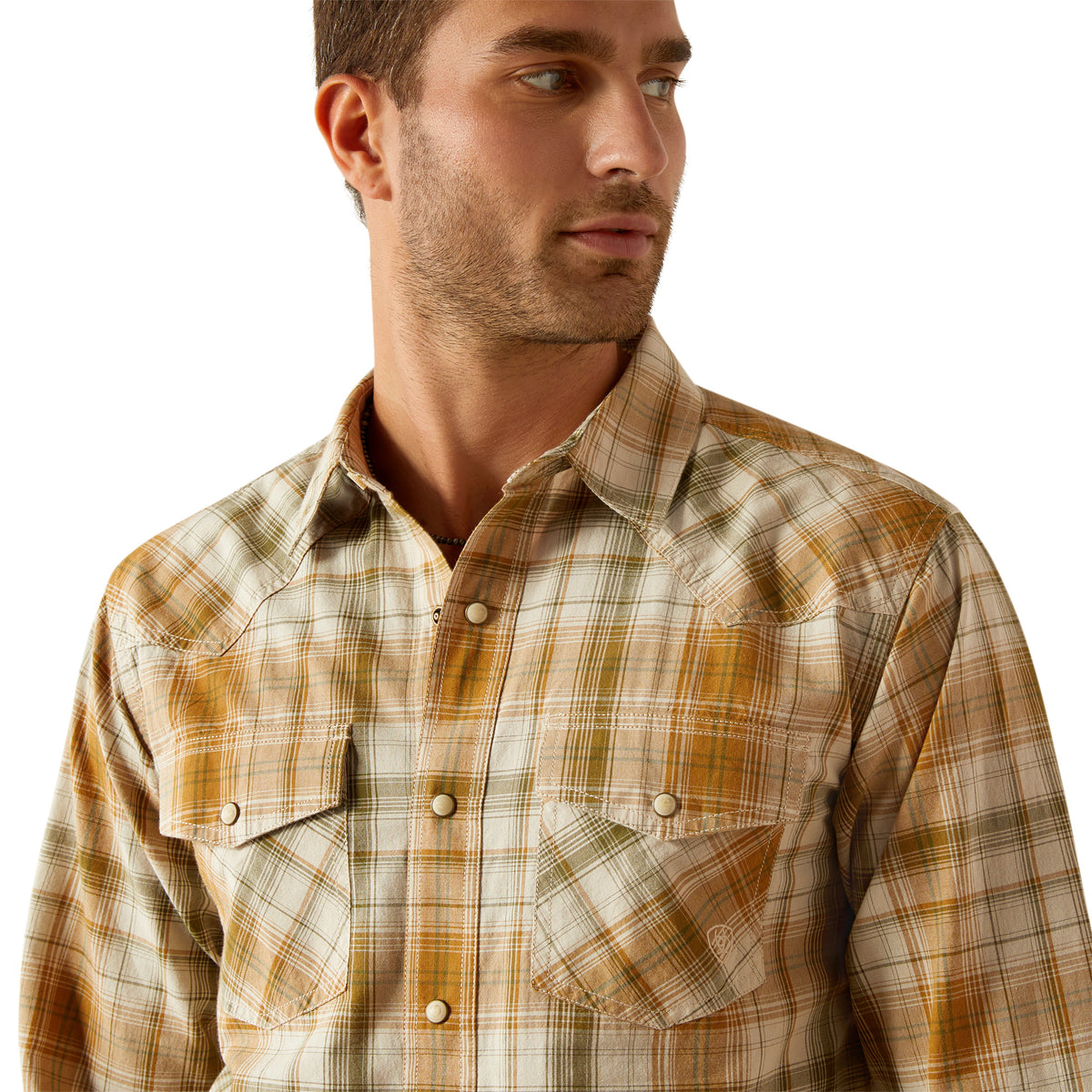 Ariat Men's Halston Retro Fit L/S Western Shirt. Man wearing a plaid shirt on a white background