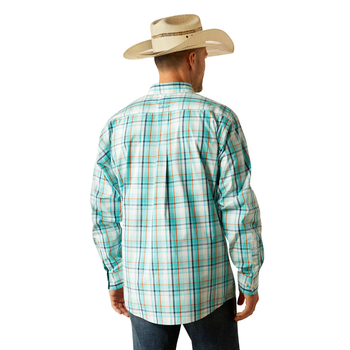 Ariat Men's Pro Series Justice Classic Fit L/S Shirt. Man wearing a plaid shirt and cowboy hat on a white background