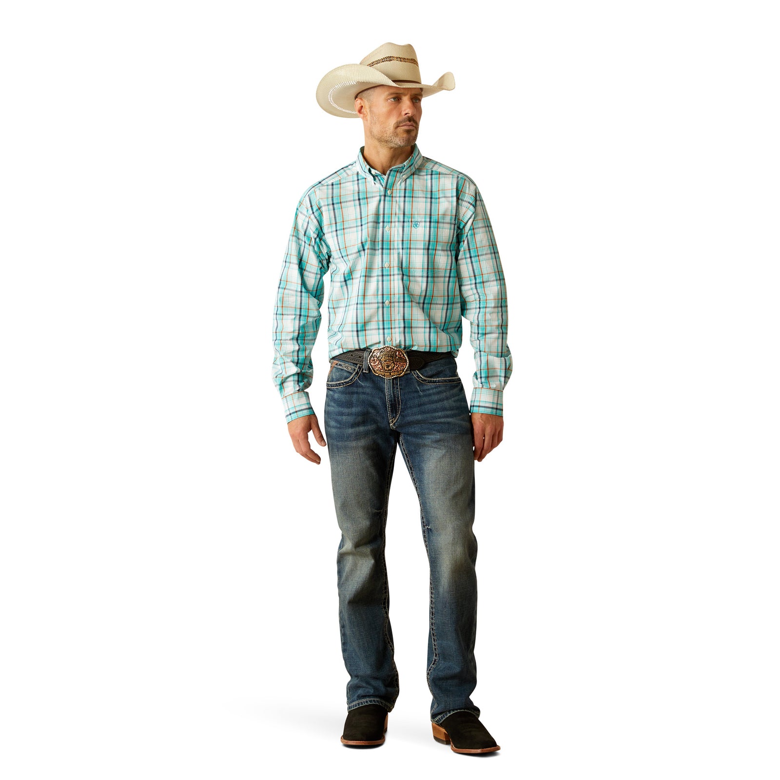 Ariat Men's Pro Series Justice Classic Fit L/S Shirt. Man wearing a plaid shirt, jeans, and cowboy hat on a white background