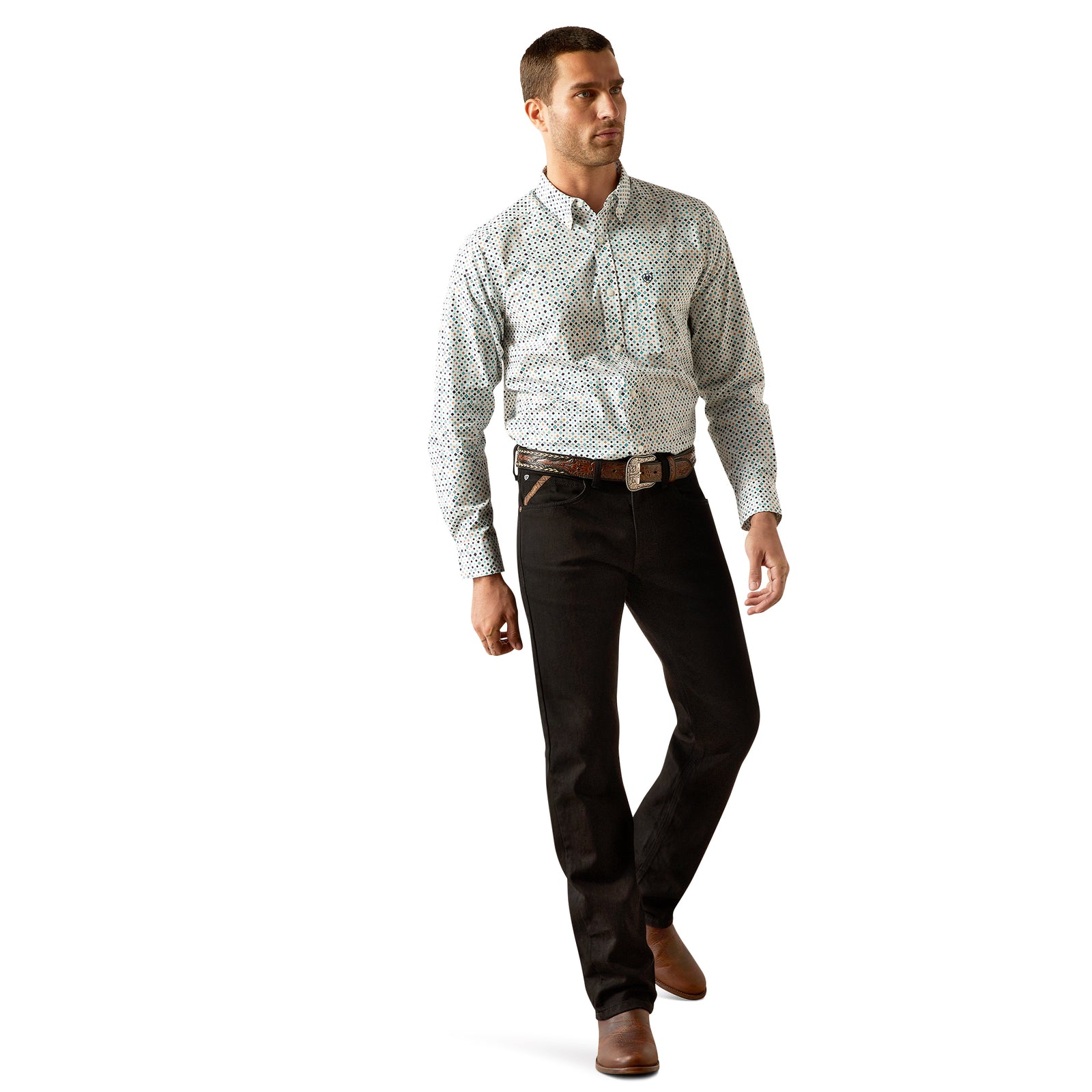 Ariat Men's Jansen Fitted L/S Western Shirt. Man wearing a patterned shirt and dark pants on a white background