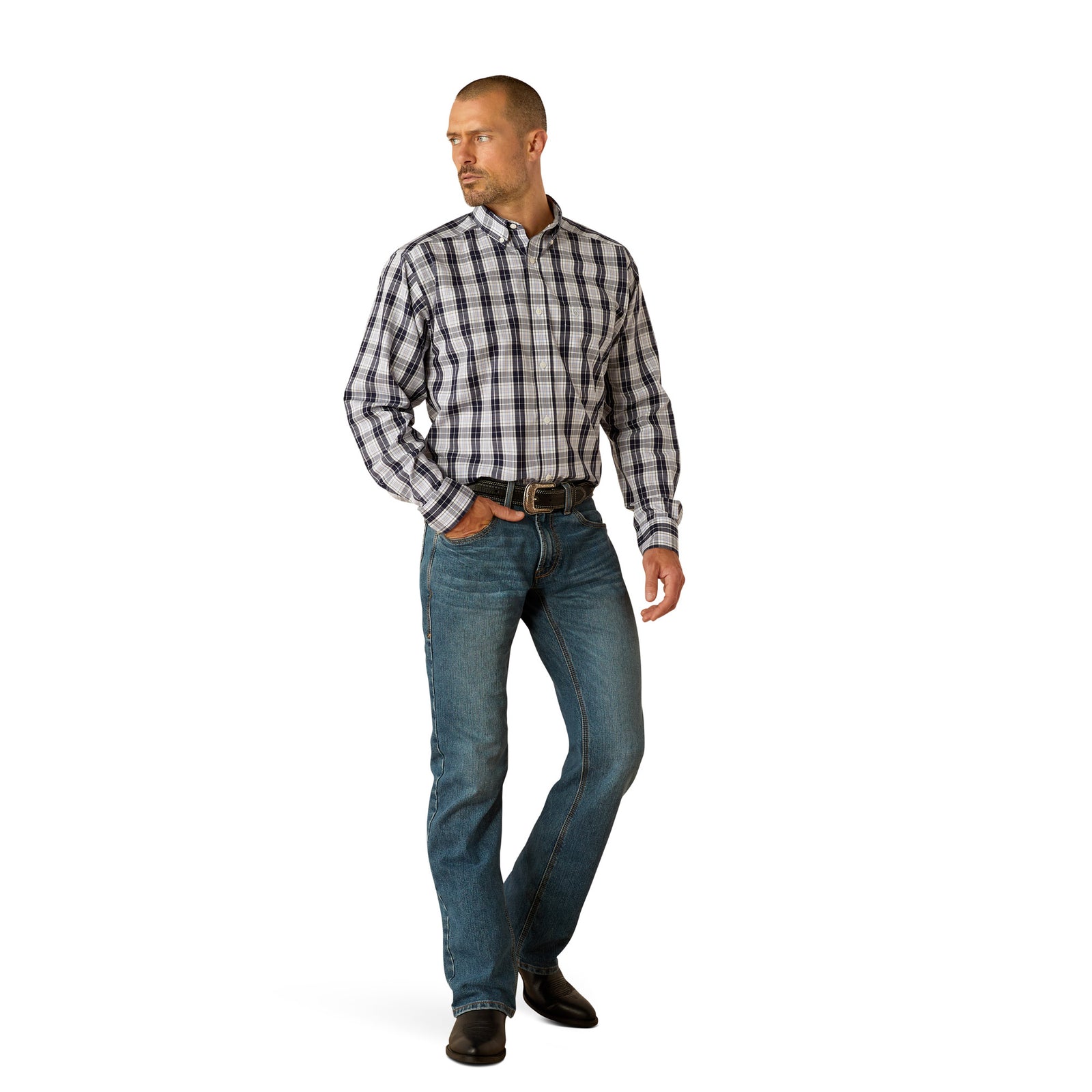 Ariat Men's Ocean Plaid Wrinkle Free L/S Western Shirt. Man wearing a plaid shirt and jeans on a white background