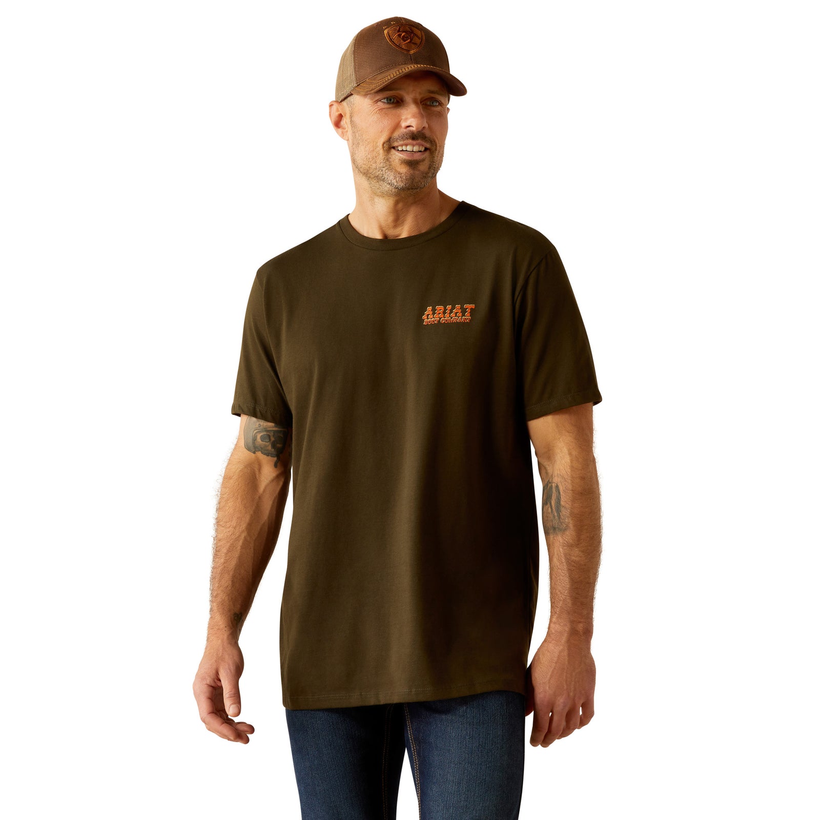Ariat Men's Armadillo on a Half Shell T-Shirt. Men's brown short-sleeved T-shirt with a graphic print of an armadillo on the back.