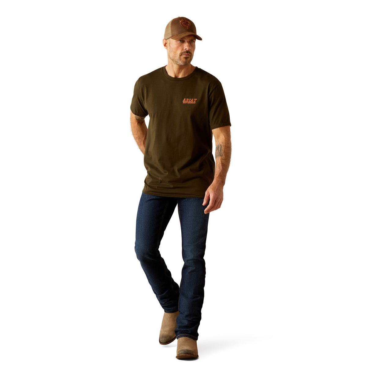 Ariat Men's Armadillo on a Half Shell T-Shirt. Man wearing a brown t-shirt and cap on a white background