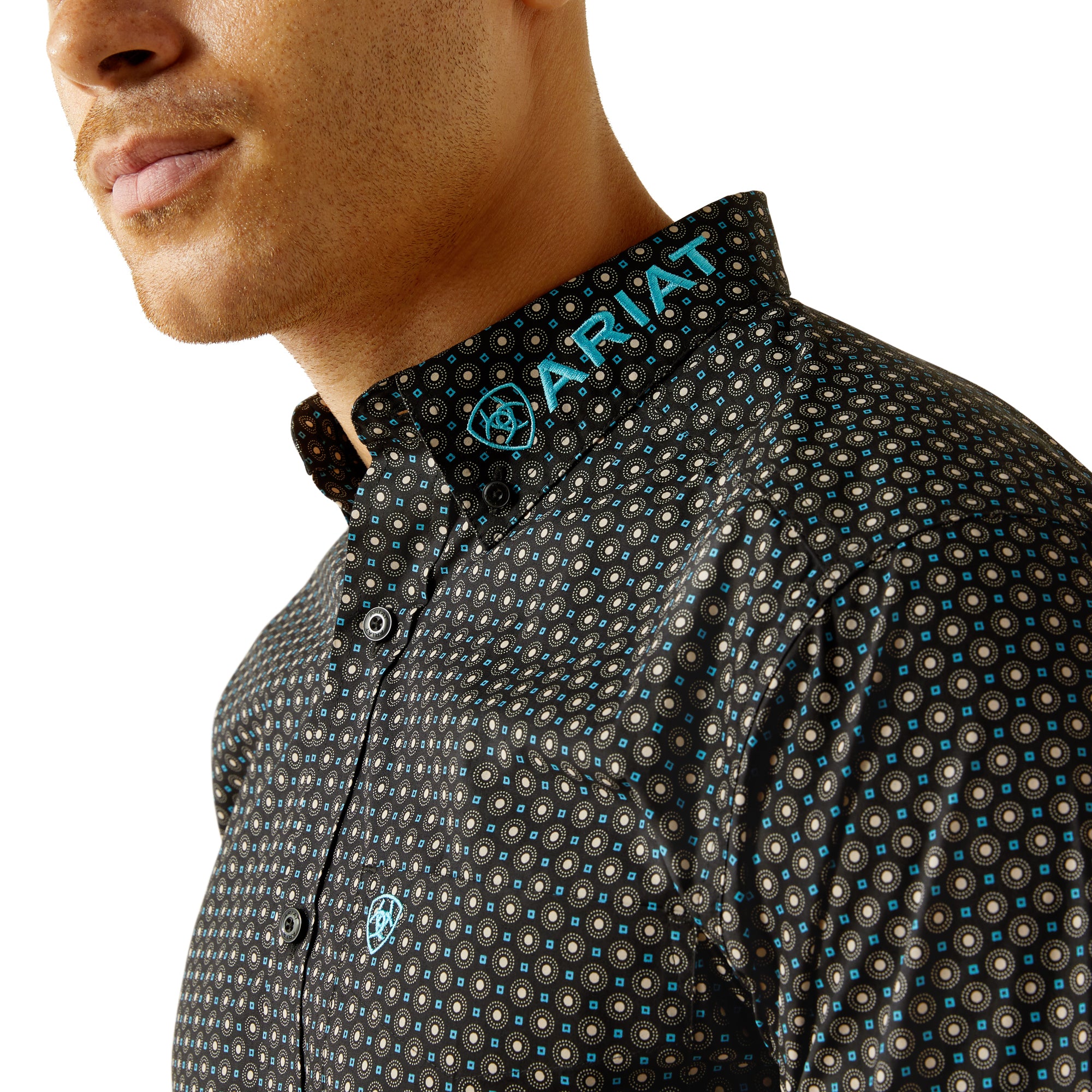 Ariat Men's Team Abel Fitted L/S Western Shirt. Patterned shirt with Ariat logo on collar against a white background