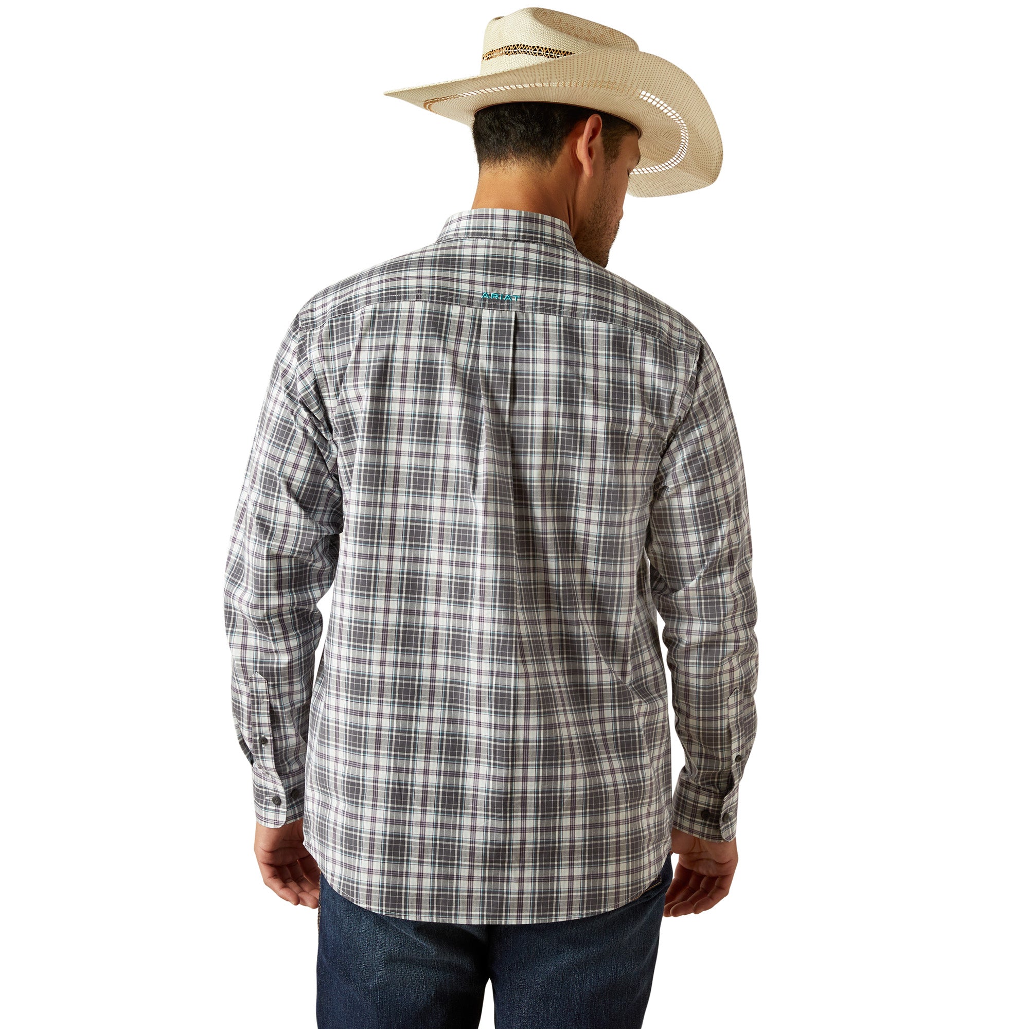 Ariat Men's Pro Series Willie L/S Western Shirt. Man wearing a plaid shirt and cowboy hat on a white background